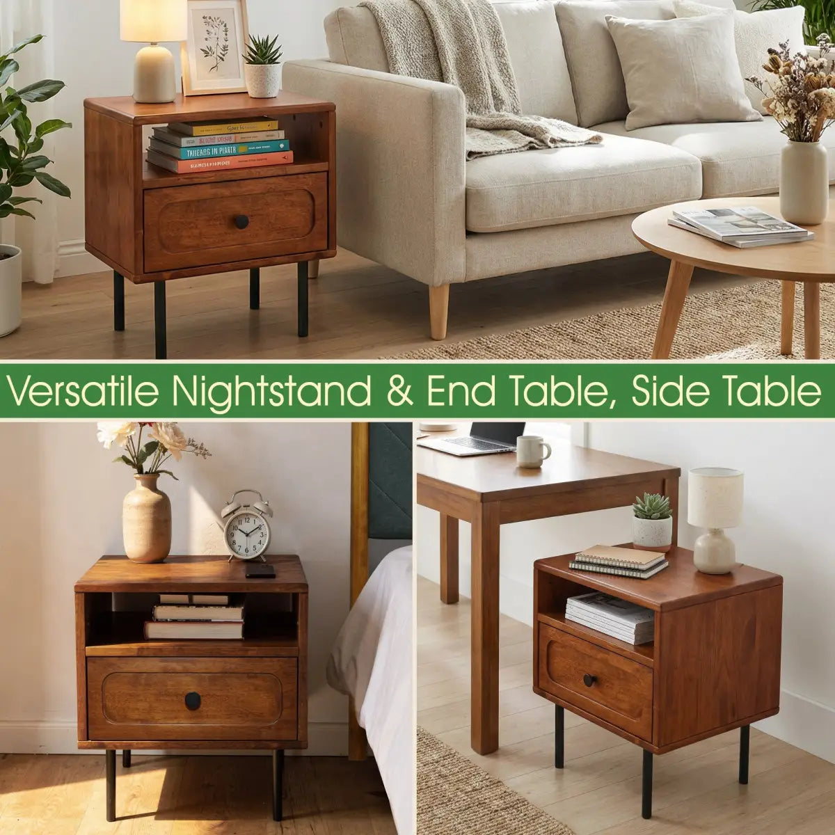 Solid Wood Nightstand - Acacia Savana - Mid-Century Modern - Single Drawer - Megsu