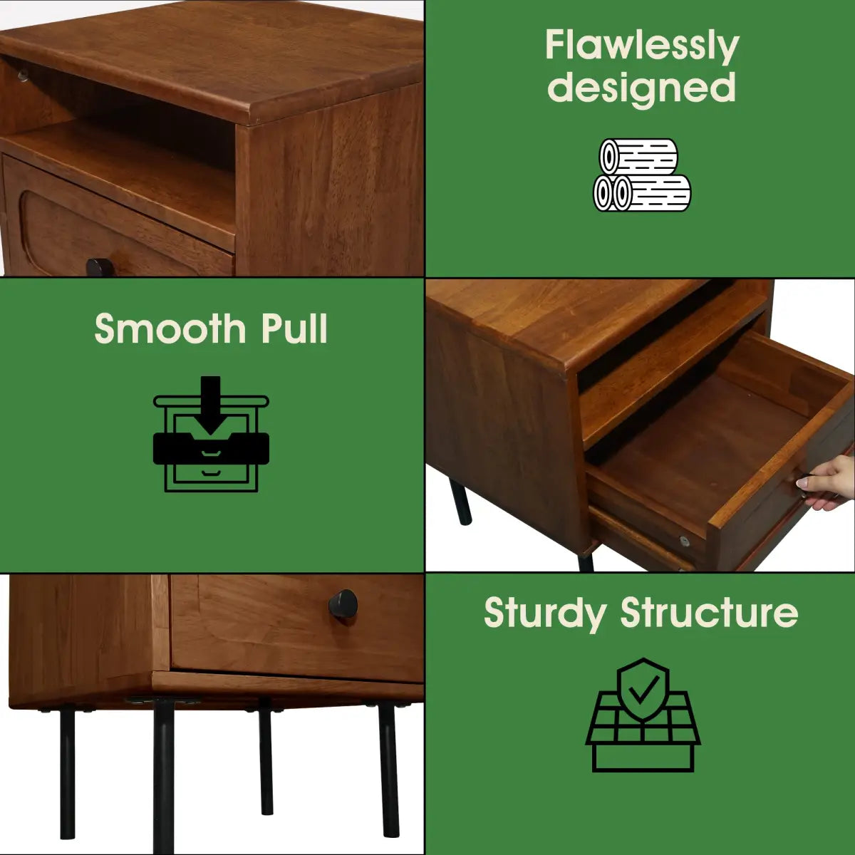 Solid Wood Nightstand - Acacia Savana - Mid-Century Modern - Single Drawer - Megsu