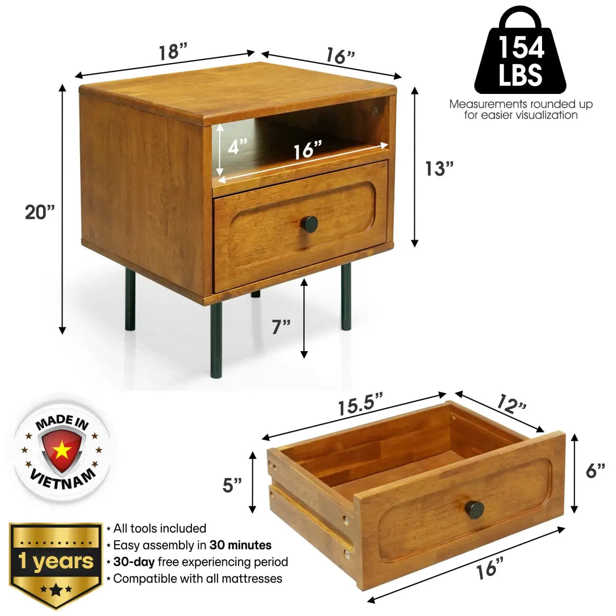 Solid Wood Nightstand - Acacia Savana - Mid-Century Modern - Single Drawer - Megsu