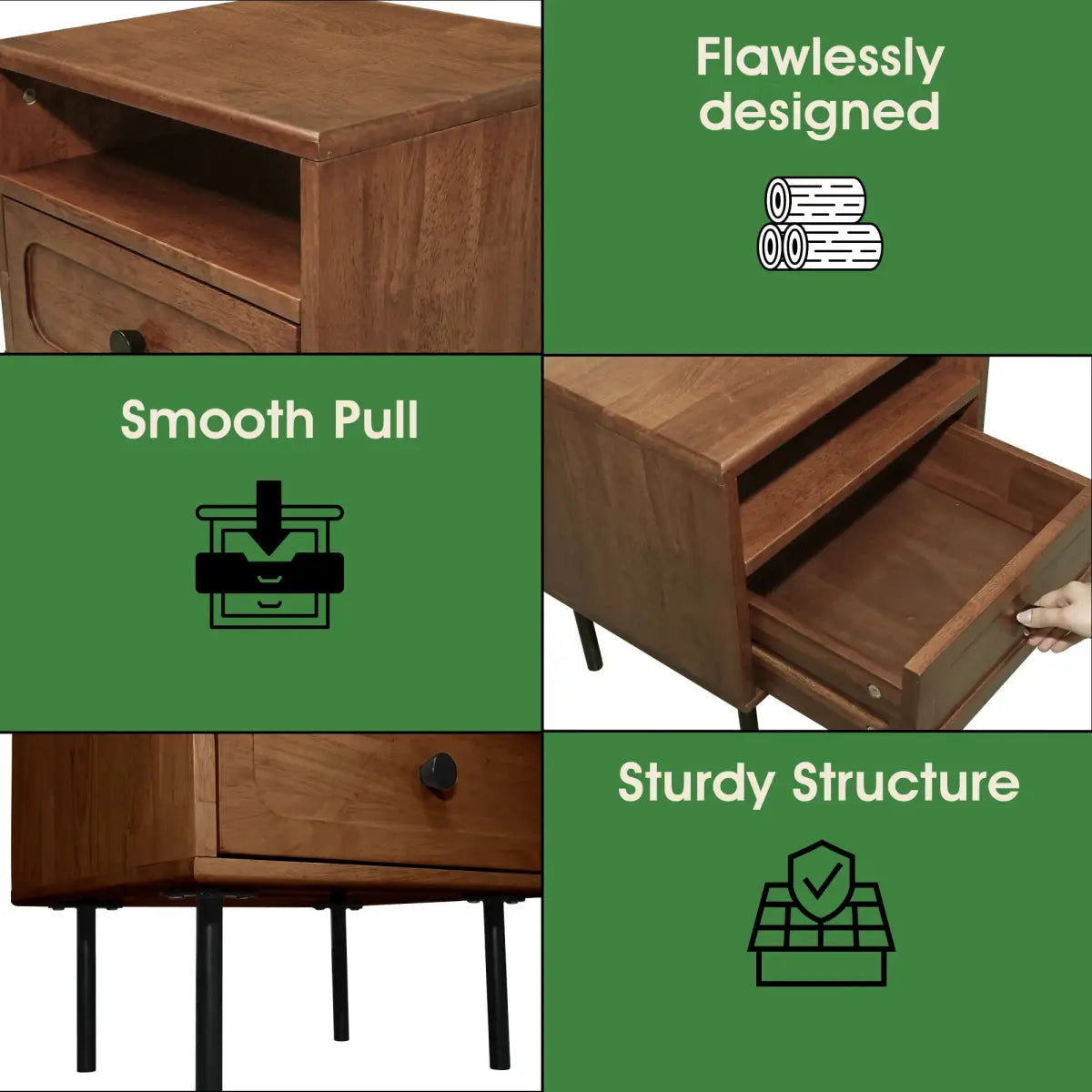 Solid Wood Nightstand - Acacia Savana - Mid-Century Modern - Single Drawer - Megsu