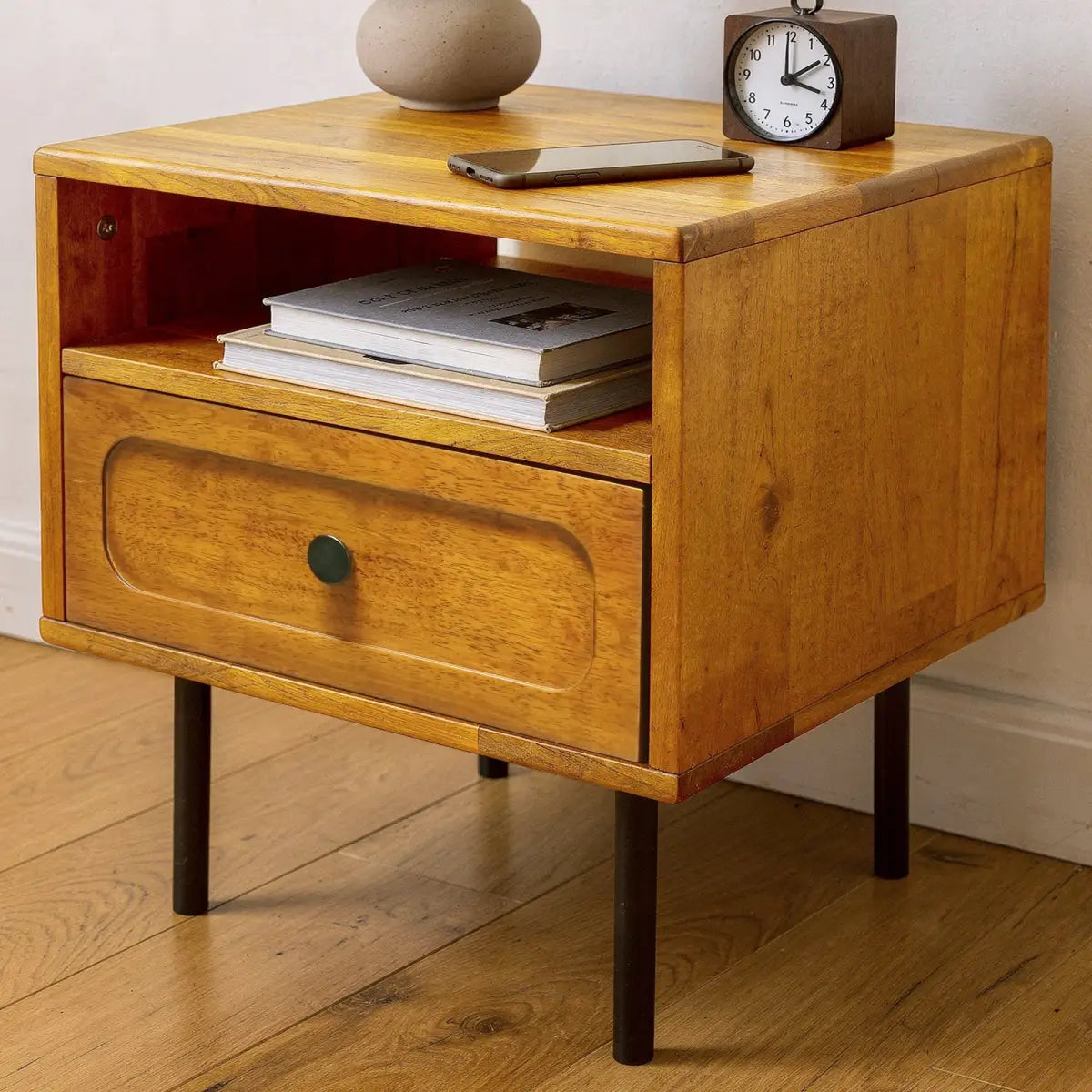 Solid Wood Nightstand - Acacia Savana - Mid-Century Modern - Single Drawer - Caramel - Megsu