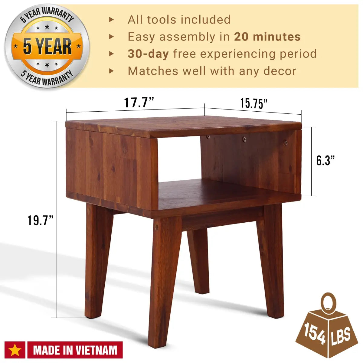 Solid Wood Nightstand - Acacia Serena - Modern Bedside Storage - Megsu