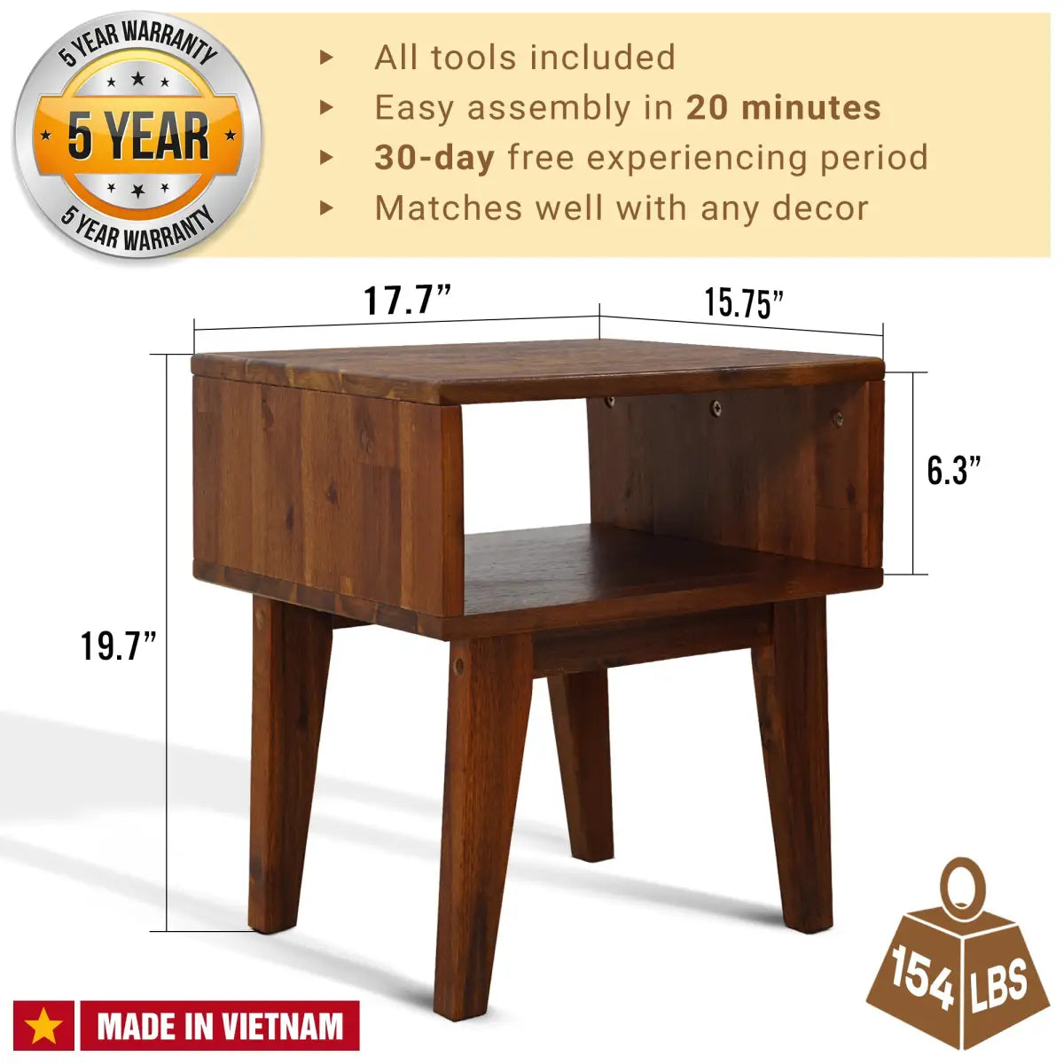 Solid Wood Nightstand - Acacia Serena - Modern Bedside Storage - Megsu