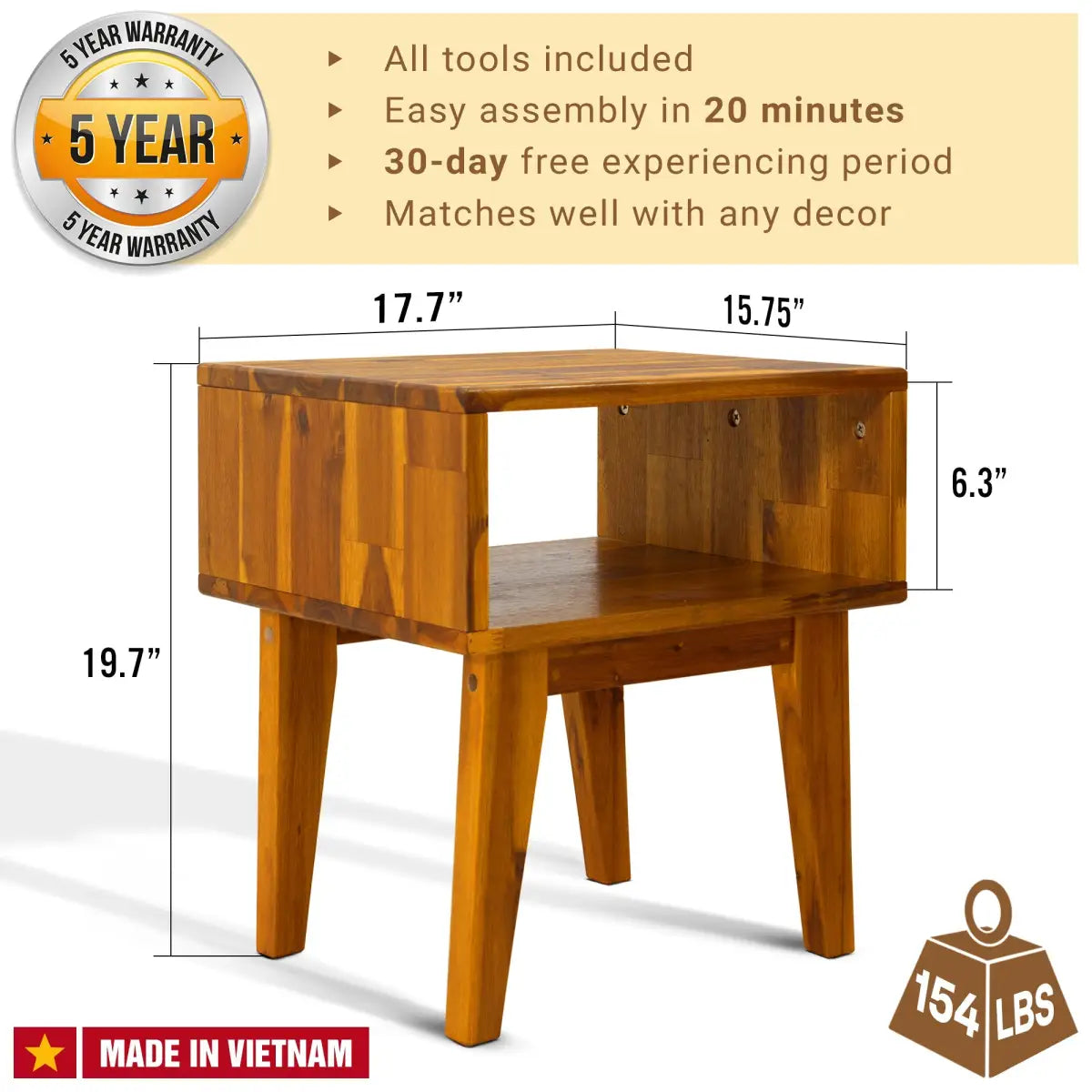 Solid Wood Nightstand - Acacia Serena - Modern Bedside Storage - Megsu