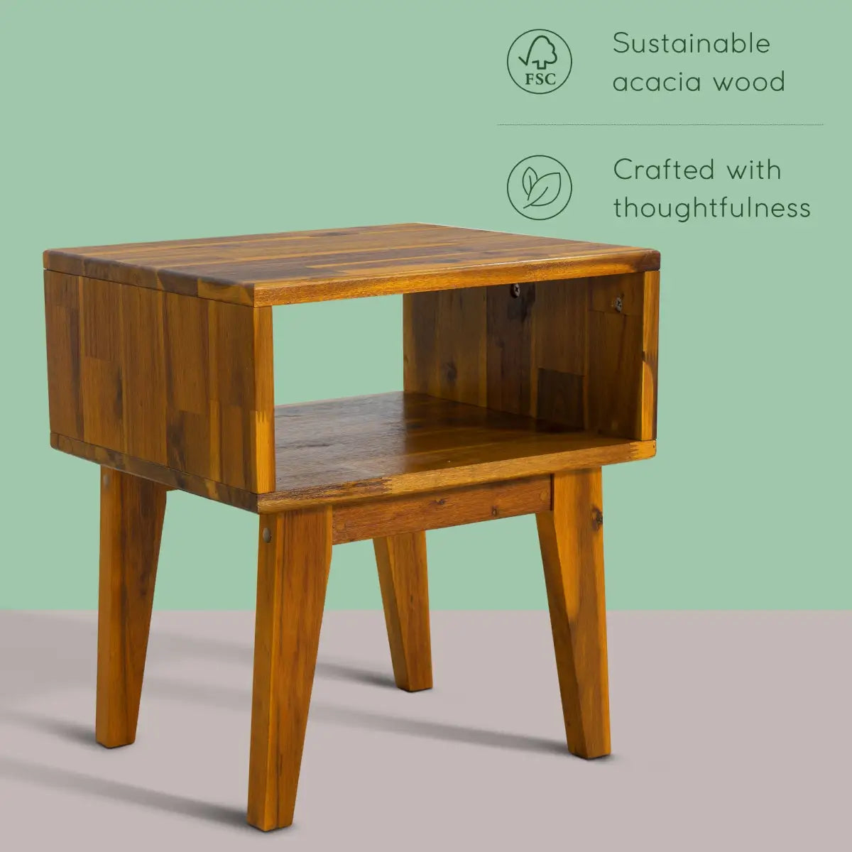 Solid Wood Nightstand - Acacia Serena - Modern Bedside Storage - Megsu