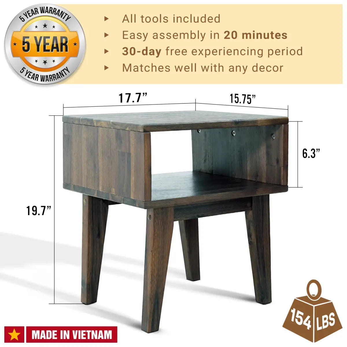Solid Wood Nightstand - Acacia Serena - Modern Bedside Storage - Megsu
