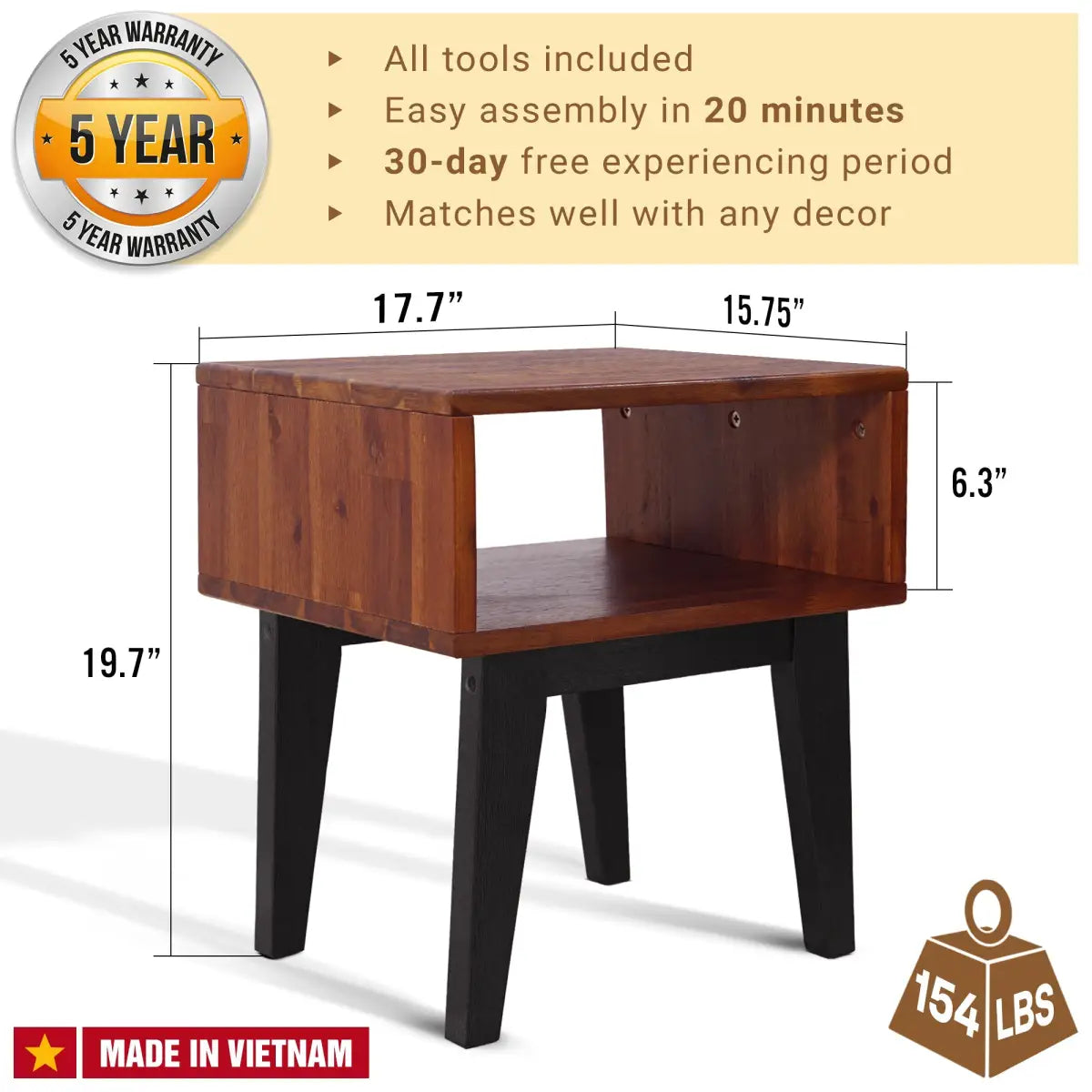Solid Wood Nightstand - Acacia Serena - Modern Bedside Storage - Megsu