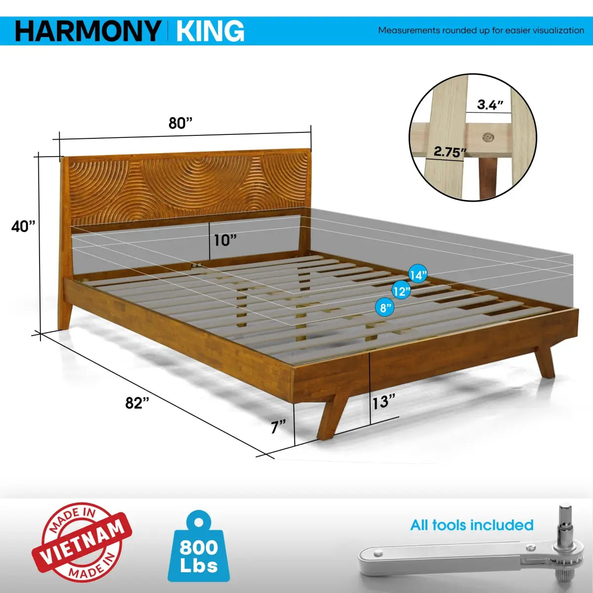Solid Wood Platform Bed Frame with Headboard - Acacia Harmony - Megsu