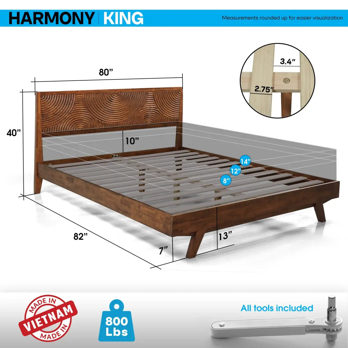 Solid Wood Platform Bed Frame with Headboard - Acacia Harmony - Megsu