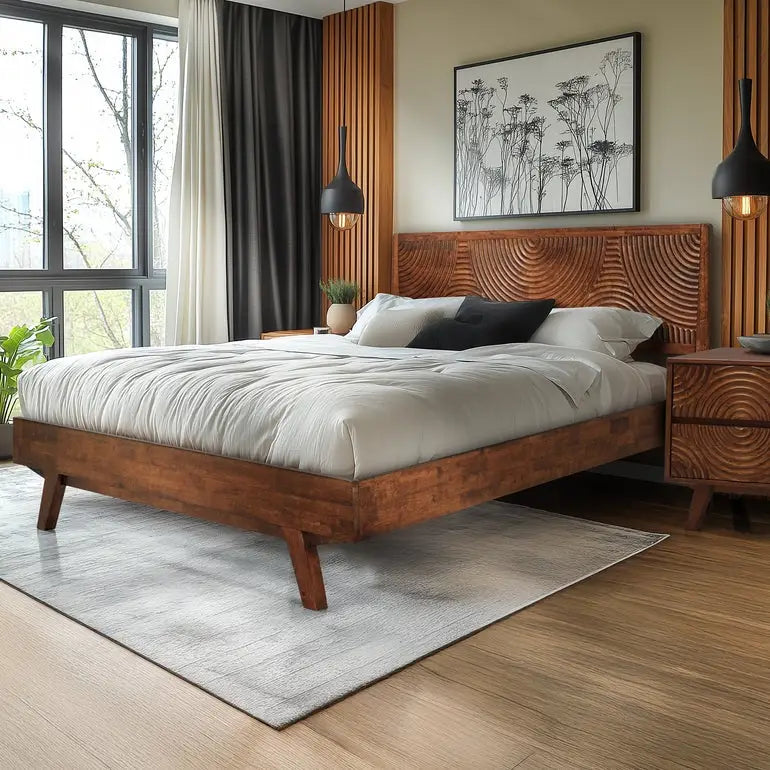 Solid Wood Platform Bed Frame with Headboard - Acacia Harmony - Megsu