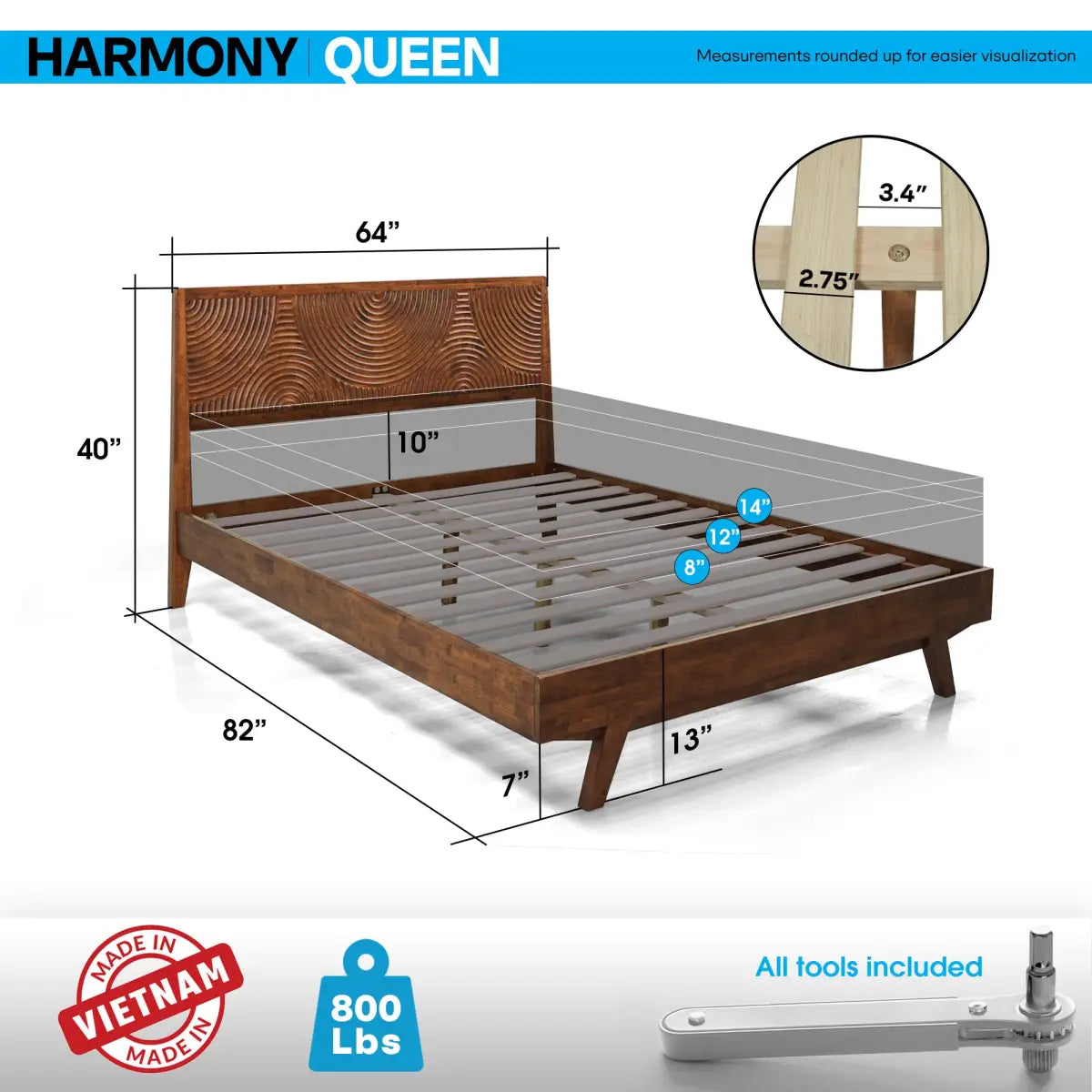 Solid Wood Platform Bed Frame with Headboard - Acacia Harmony - Megsu