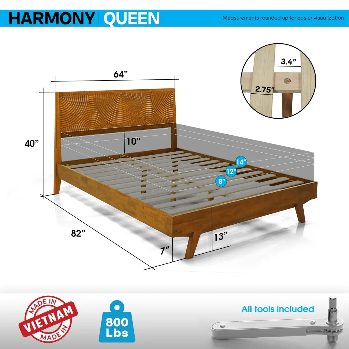 Solid Wood Platform Bed Frame with Headboard - Acacia Harmony - Megsu