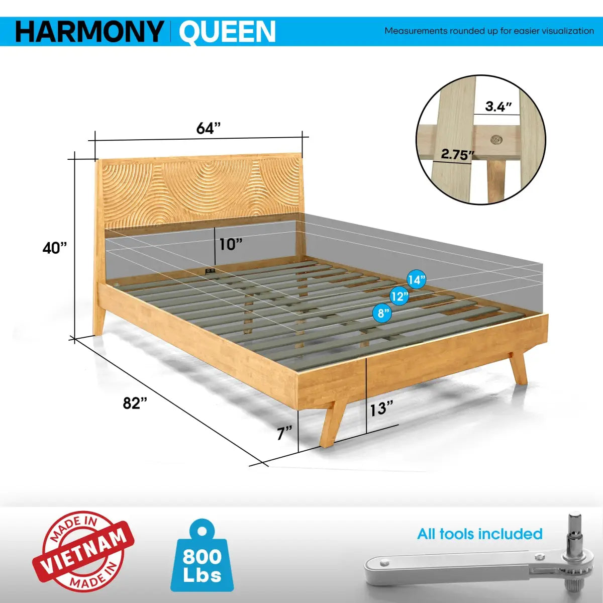 Solid Wood Platform Bed Frame with Headboard - Acacia Harmony - Megsu