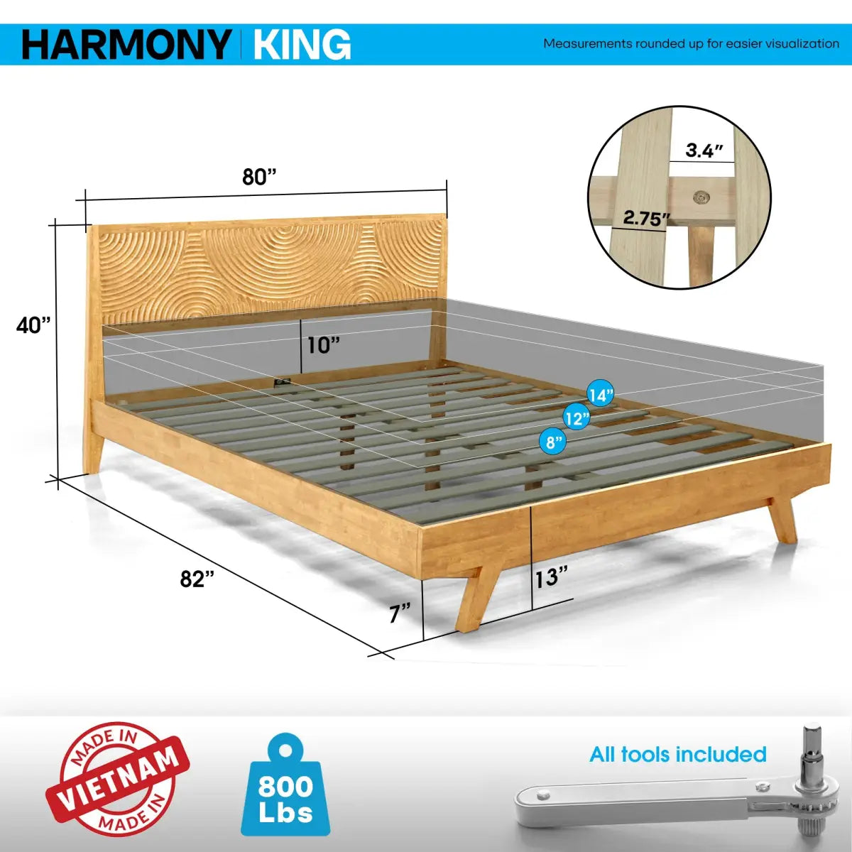 Solid Wood Platform Bed Frame with Headboard - Acacia Harmony - Megsu