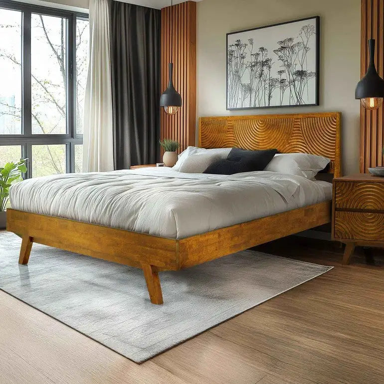 Solid Wood Platform Bed Frame with Headboard - Acacia Harmony - Megsu