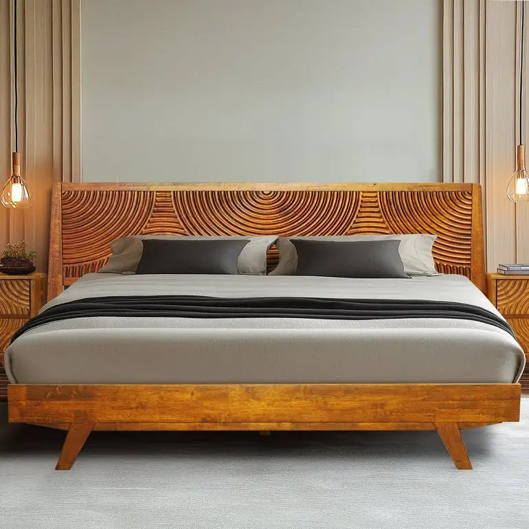 Solid Wood Platform Bed Frame with Headboard - Acacia Harmony - Caramel / King - Megsu
