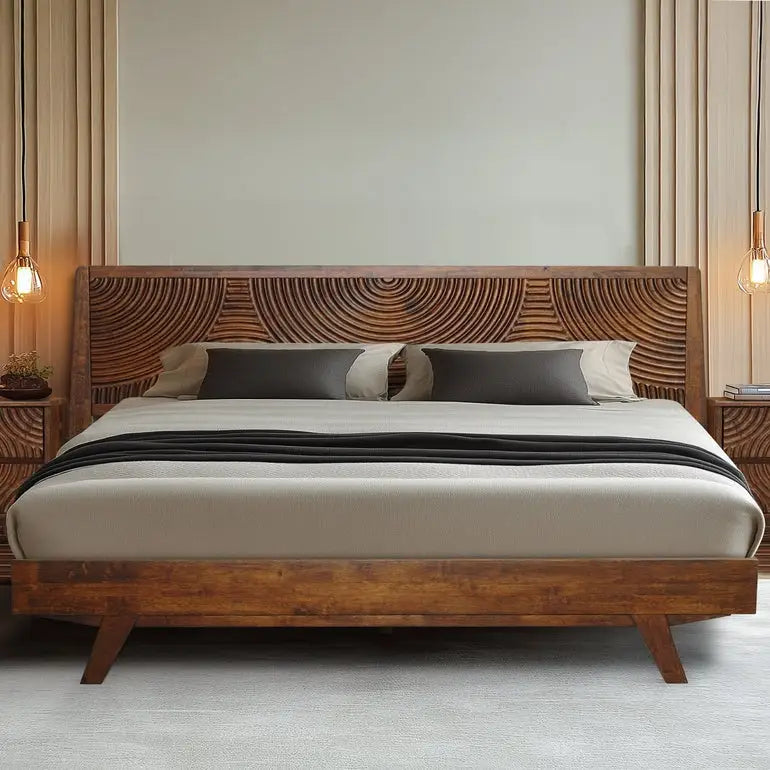Solid Wood Platform Bed Frame with Headboard - Acacia Harmony - Walnut / King - Megsu