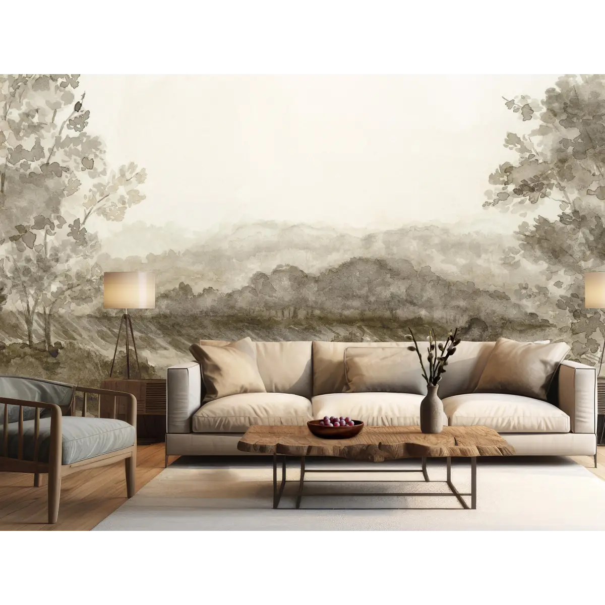 Somerset Fields Wallpaper - Gray Watercolor Trees - by Safari Natalia x Taddy Mikelaites - Loomwell Home Goods