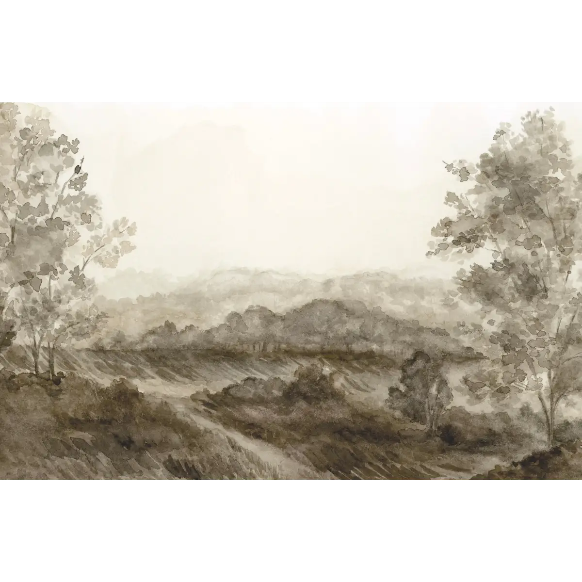 Somerset Fields Wallpaper - Gray Watercolor Trees - by Safari Natalia x Taddy Mikelaites - Sample 1 foot by 1 foot