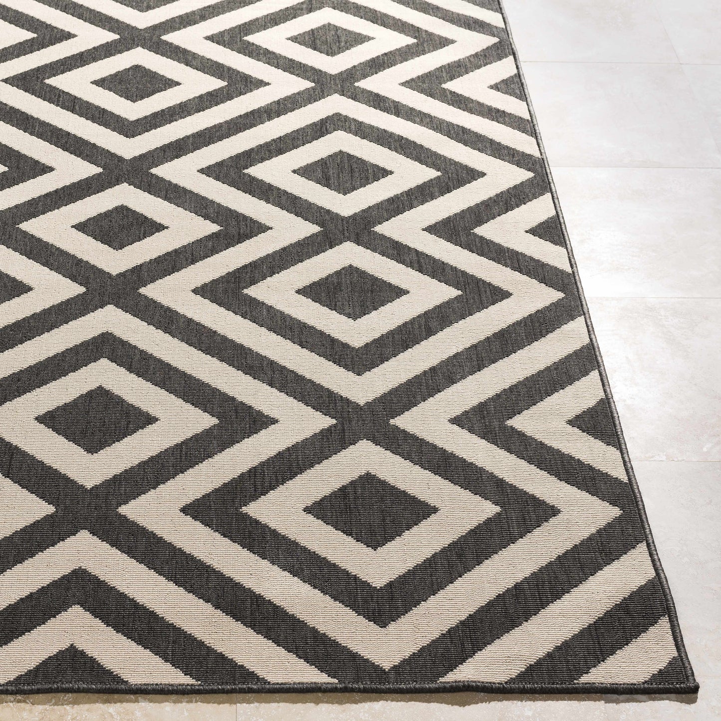 Black Beige Geometric Outdoor Rug