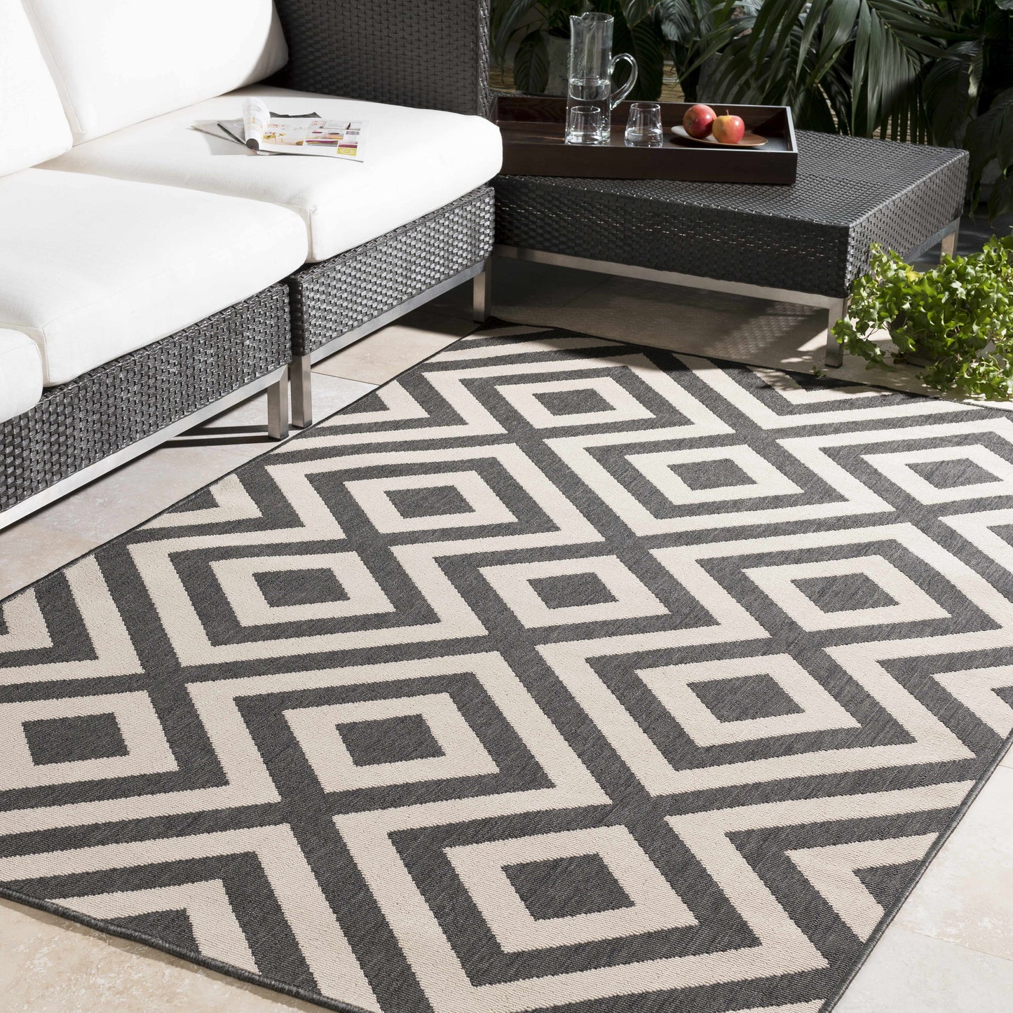 Black Beige Geometric Outdoor Rug