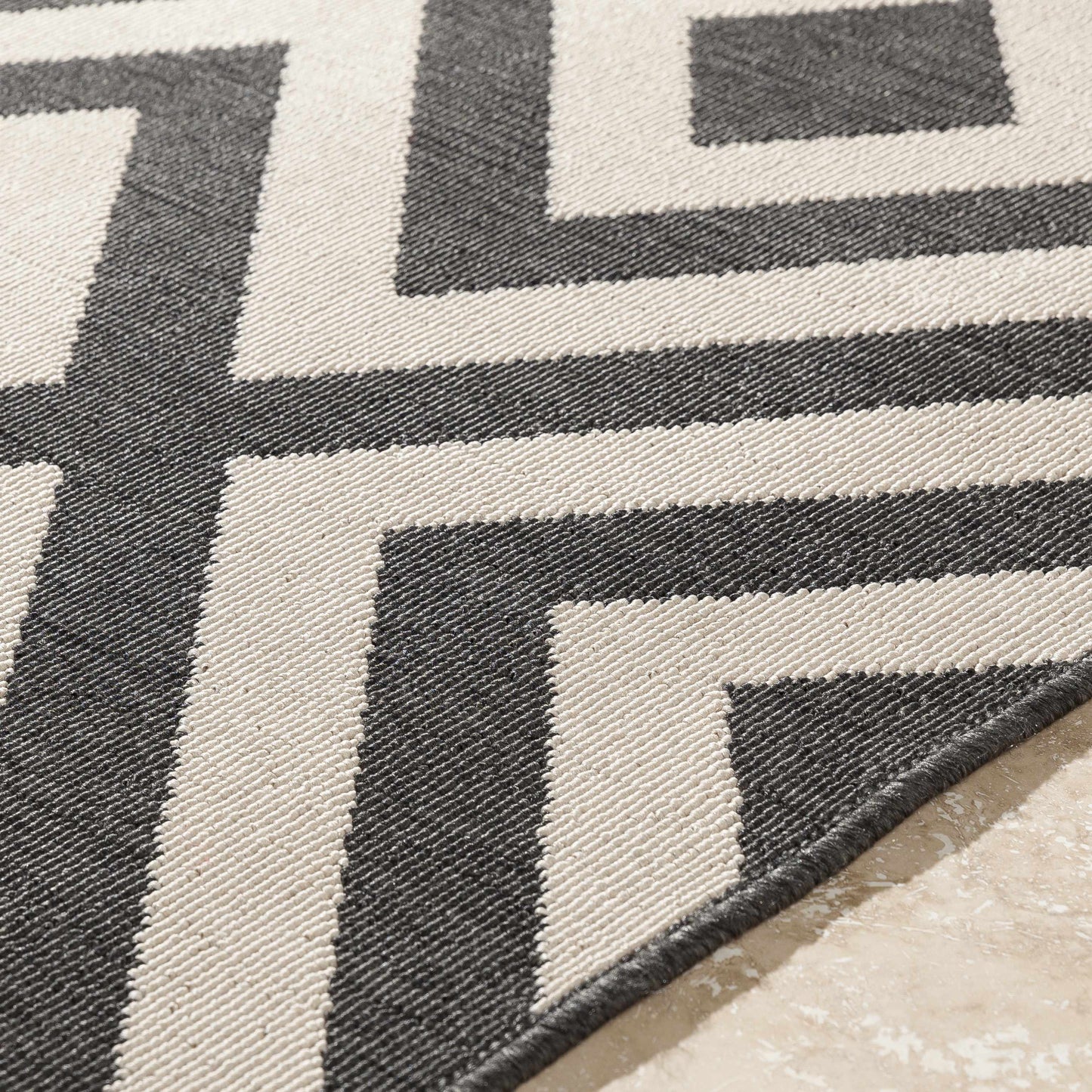 Black Beige Geometric Outdoor Rug