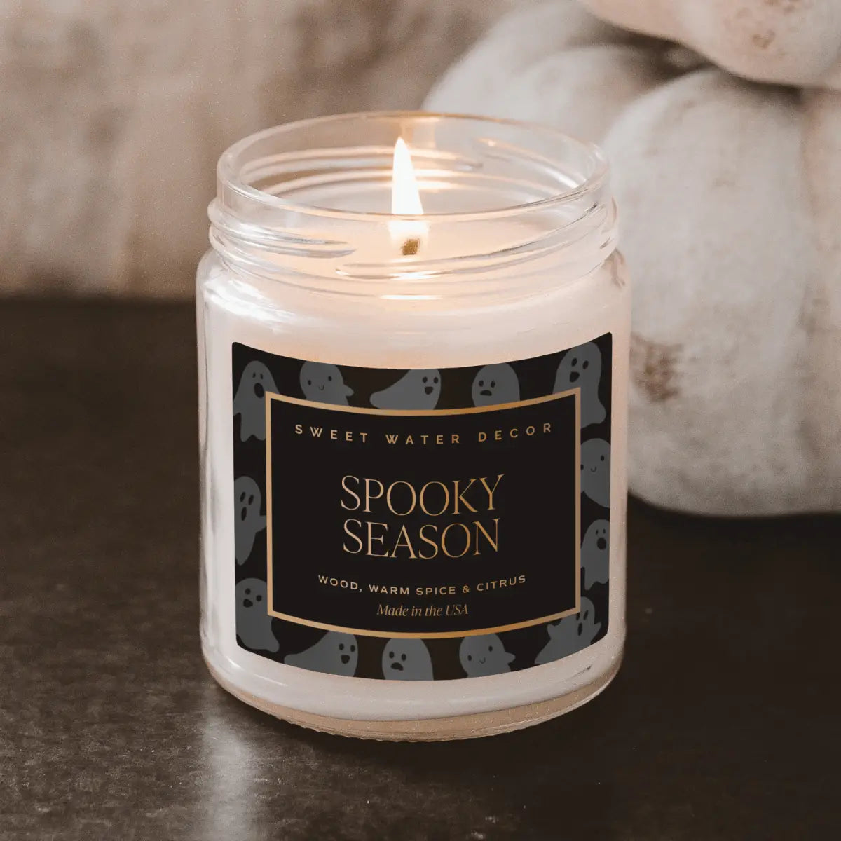 Spooky Season Soy Candle - Patterned 9 oz - Clear Jar (Cozy Season) - Sweet Water Decor