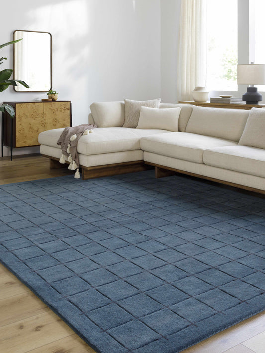 Navy Blue Checkered Wool Area Rug - Boutique Rugs