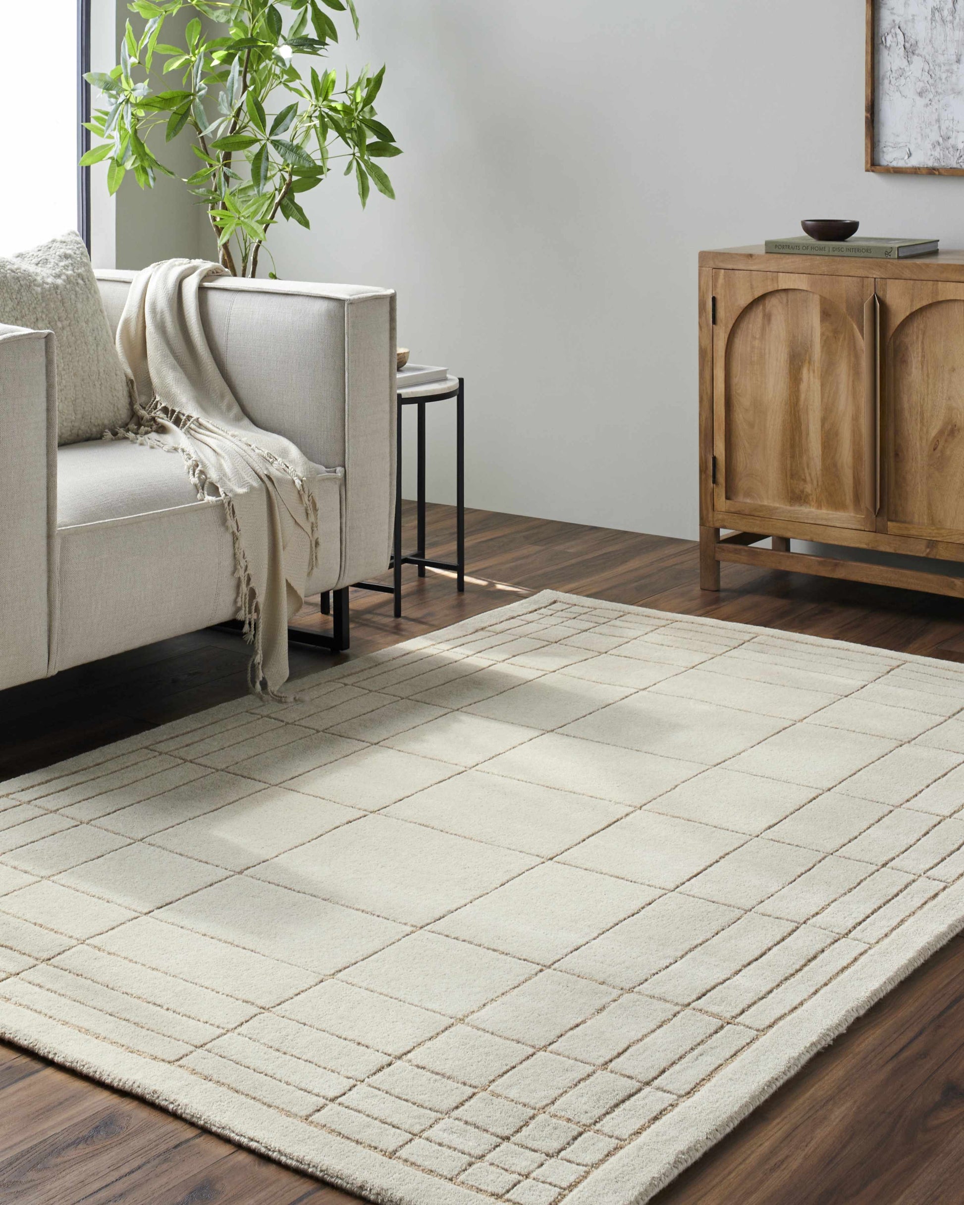 Modern Check Neutral Wool Area Rug - 5’ x 7’6’’ Rectangle - Boutique Rugs