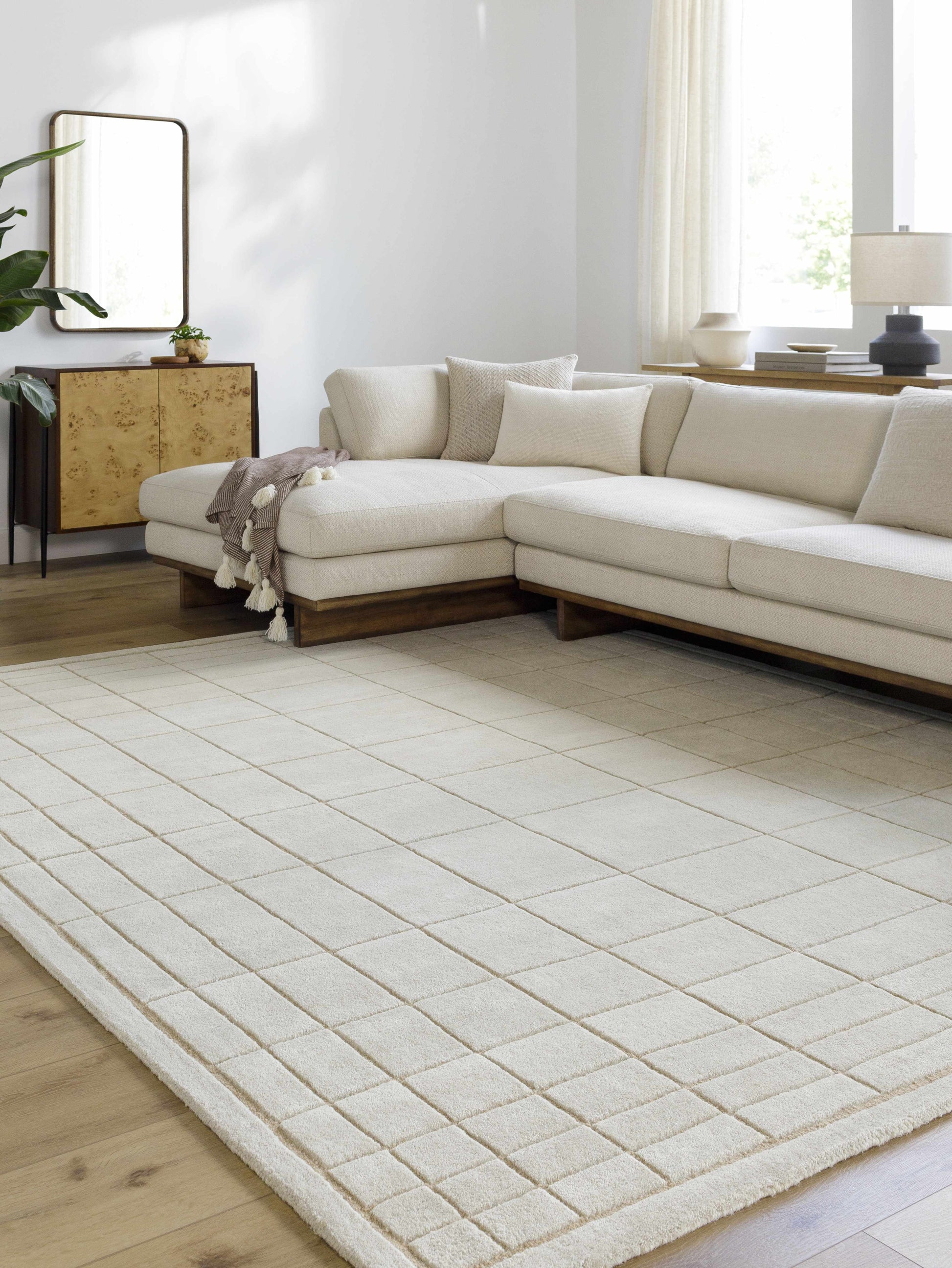 Modern Check Neutral Wool Area Rug - Boutique Rugs