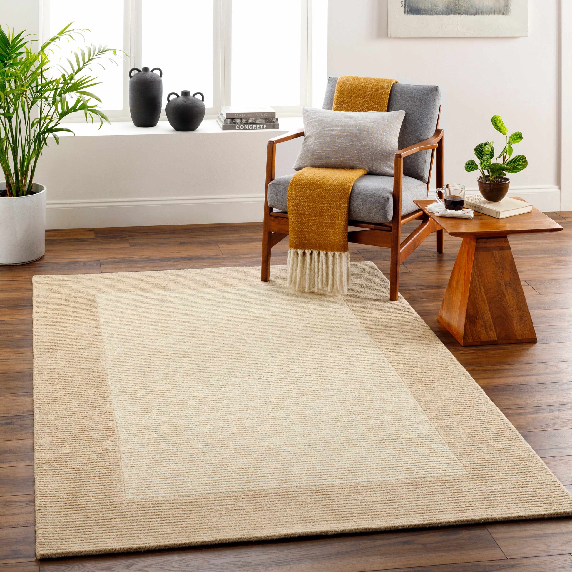 Beige Wool Area Rug with Border - Boutique Rugs