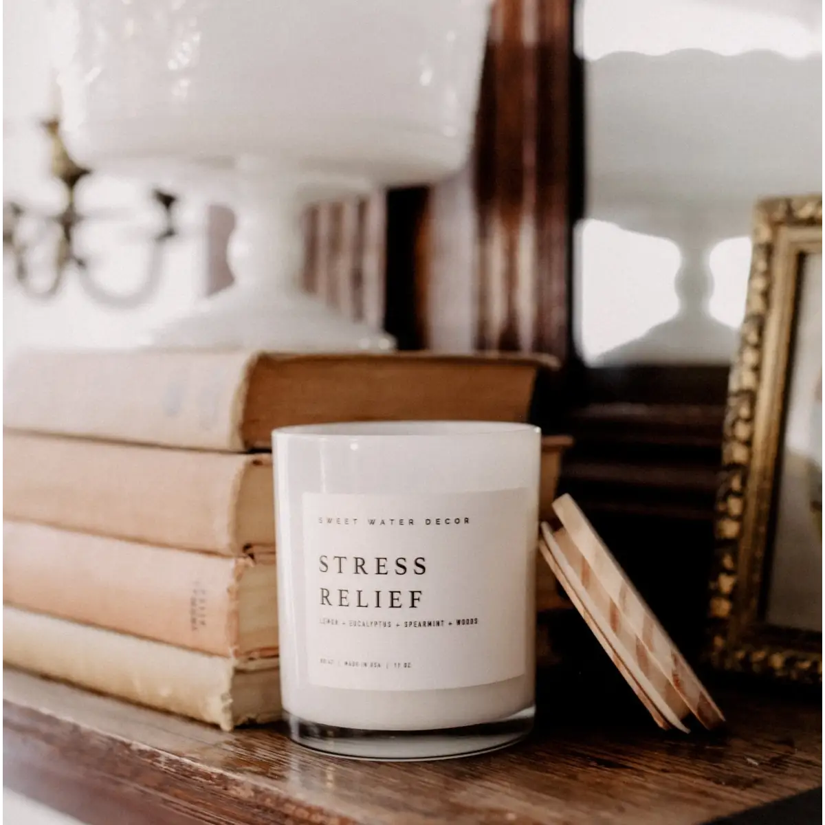 Stress Relief Soy Candle - White Jar - 11 oz - Sweet Water Decor
