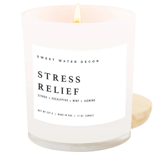 Stress Relief Soy Candle - White Jar - 11 oz - Sweet Water Decor
