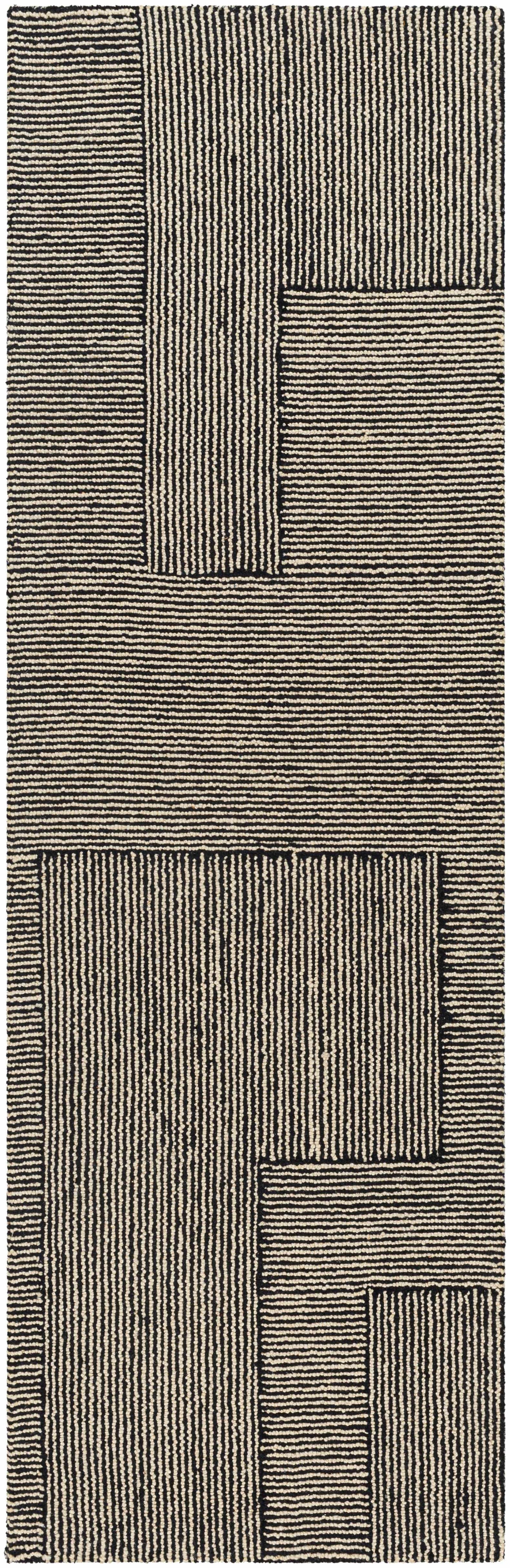 Black Textured Blocks Wool Area Rug - 2’6’’ x 8’ Runner - Boutique Rugs