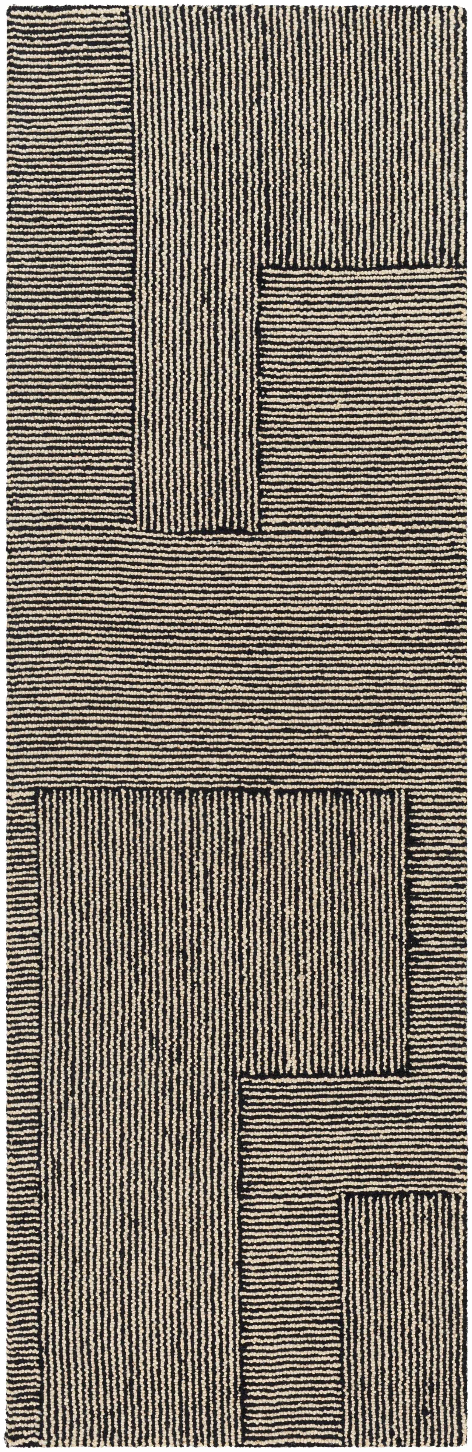 Black Textured Blocks Wool Area Rug - 2’6’’ x 8’ Runner - Boutique Rugs