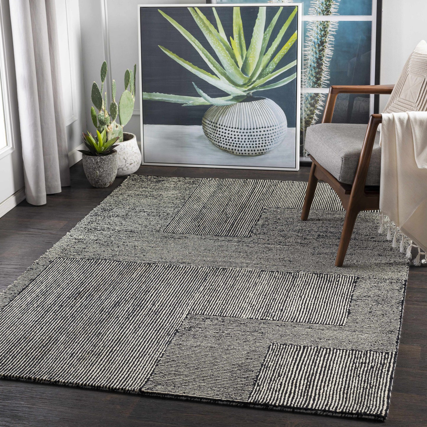 Black Textured Blocks Wool Area Rug - Boutique Rugs