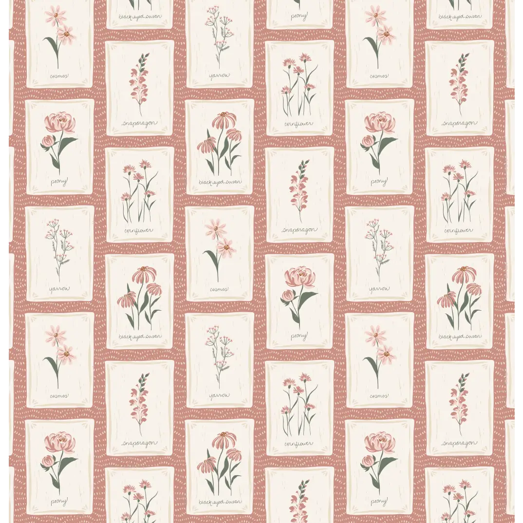 Susan Wallpaper - Flower Seed Packets - by Hearten Design - Sample 1 foot by 1 foot / Coral - Loomwell Home Goods