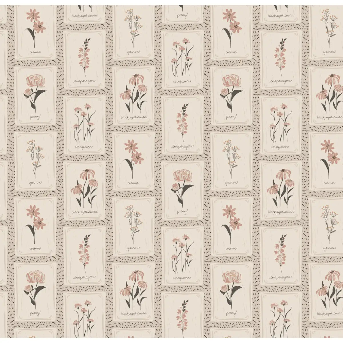 Susan Wallpaper - Flower Seed Packets - by Hearten Design - Sample 1 foot by 1 foot / Neutral - Loomwell Home Goods