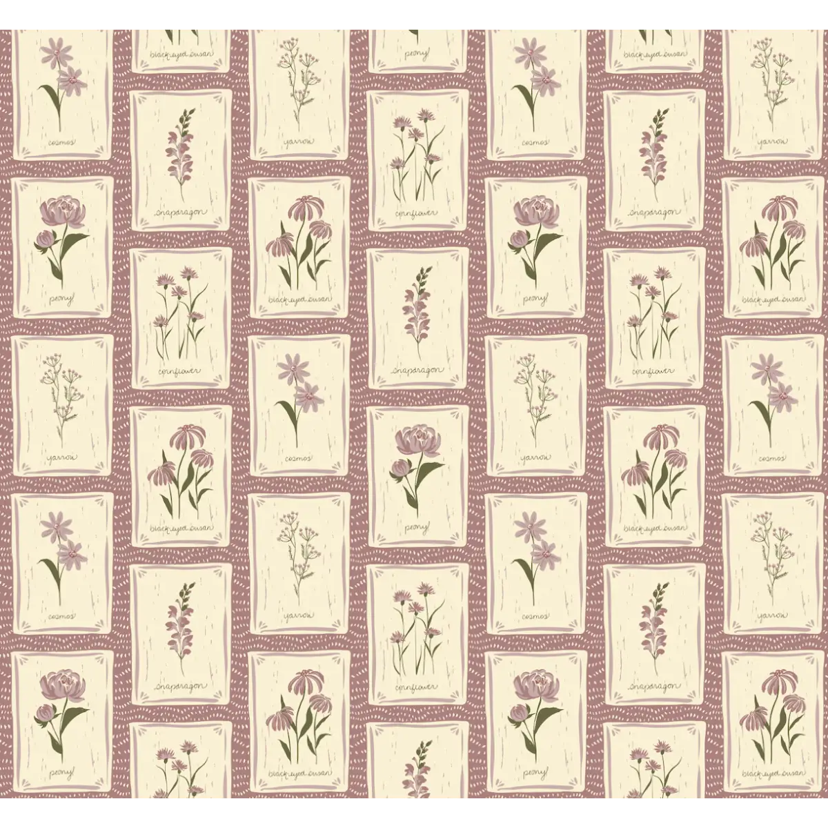 Susan Wallpaper - Flower Seed Packets - by Hearten Design - Sample 1 foot by 1 foot / Plum - Loomwell Home Goods