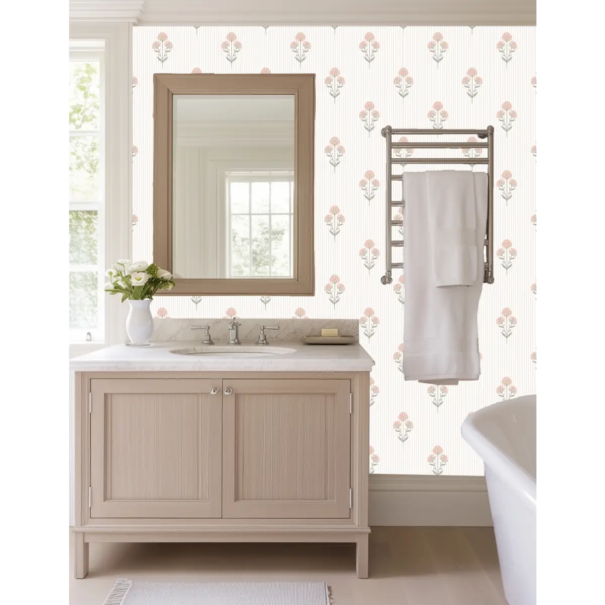 Susannah French Bouquet Wallpaper - Block Print on Mini Stripe - by Kourtni Gunn - Loomwell Home Goods