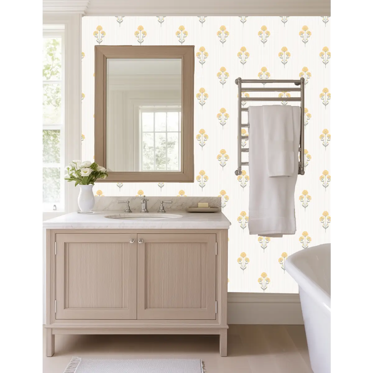 Susannah French Bouquet Wallpaper - Block Print on Mini Stripe - by Kourtni Gunn - Loomwell Home Goods