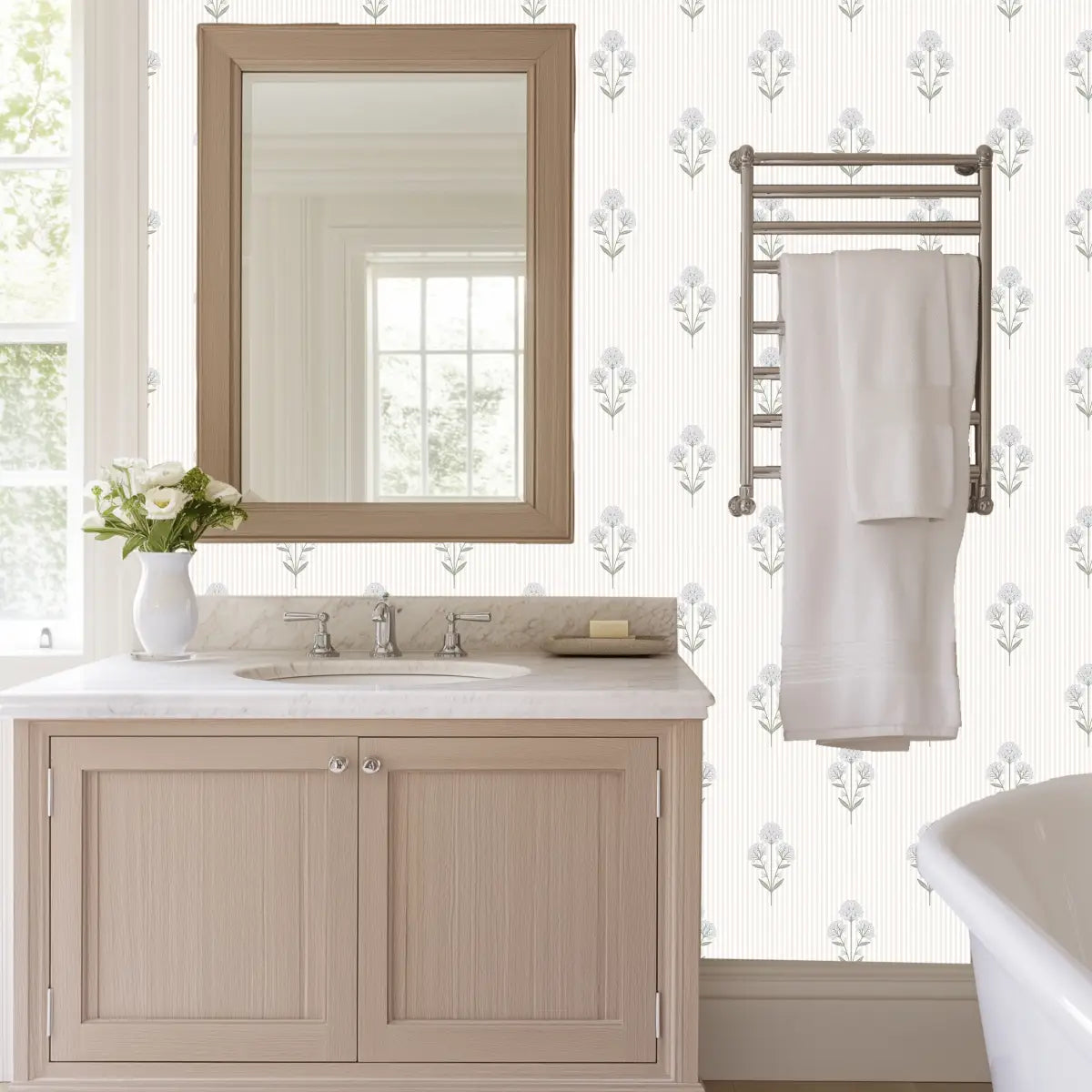 Susannah French Bouquet Wallpaper - Block Print on Mini Stripe - by Kourtni Gunn - Loomwell Home Goods