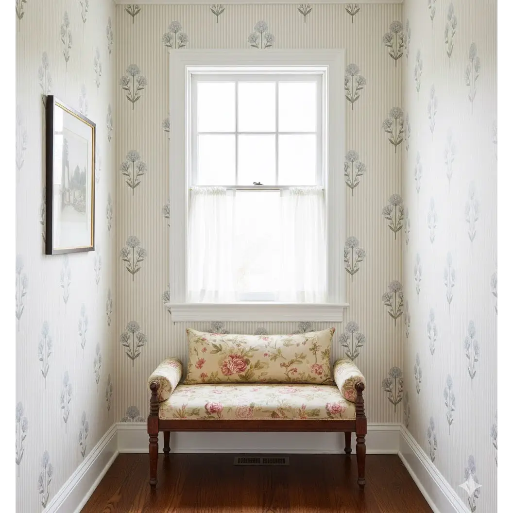 Susannah French Bouquet Wallpaper - Block Print on Mini Stripe - by Kourtni Gunn - Loomwell Home Goods