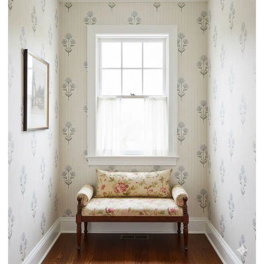 Susannah French Bouquet Wallpaper - Block Print on Mini Stripe - by Kourtni Gunn - Loomwell Home Goods