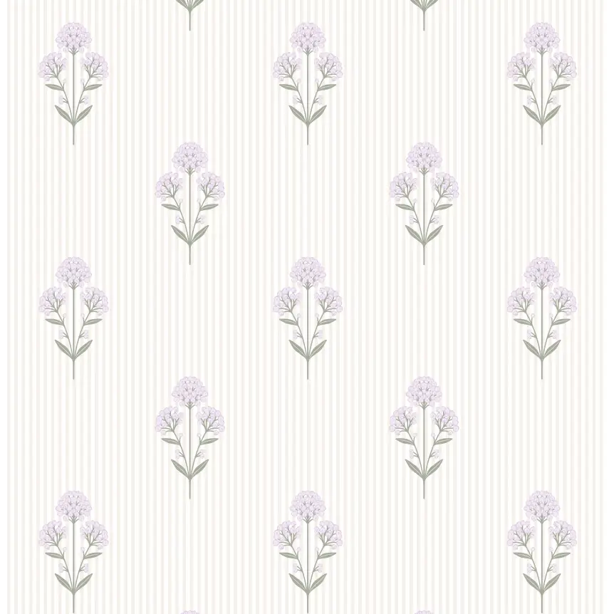 Susannah French Bouquet Wallpaper - Block Print on Mini Stripe - by Kourtni Gunn - Sample 1 foot by 1 foot / Lavender