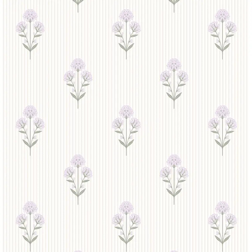 Susannah French Bouquet Wallpaper - Block Print on Mini Stripe - by Kourtni Gunn - Sample 1 foot by 1 foot / Lavender