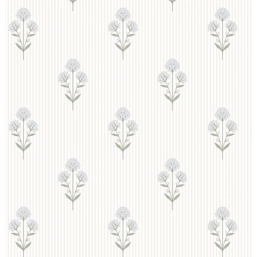 Susannah French Bouquet Wallpaper - Block Print on Mini Stripe - by Kourtni Gunn - Sample 1 foot by 1 foot / Blue