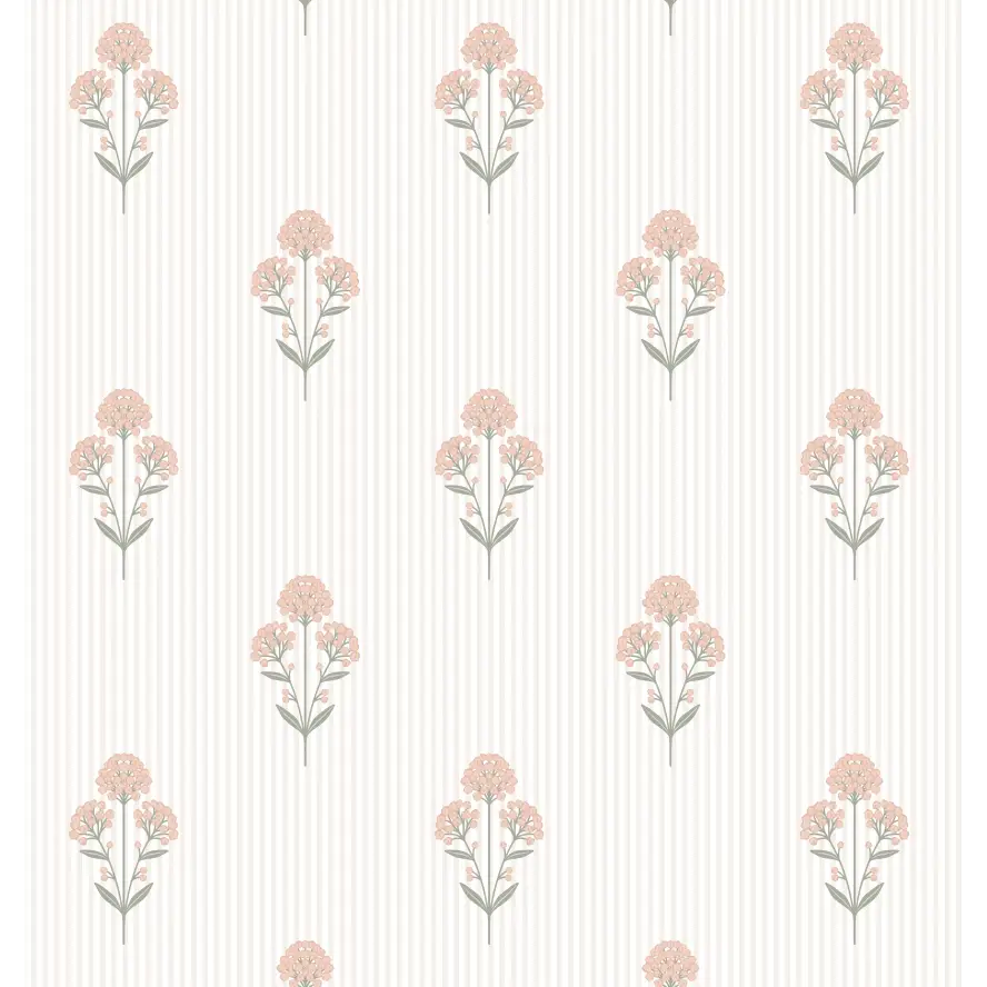 Susannah French Bouquet Wallpaper - Block Print on Mini Stripe - by Kourtni Gunn - Sample 1 foot by 1 foot / Blush