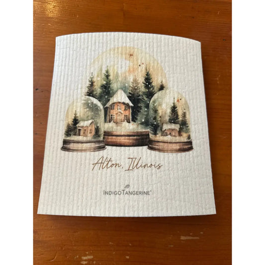 Swedish Dish Cloth - Holiday Snow Globes - Alton Illinois - Indigo Tangerine
