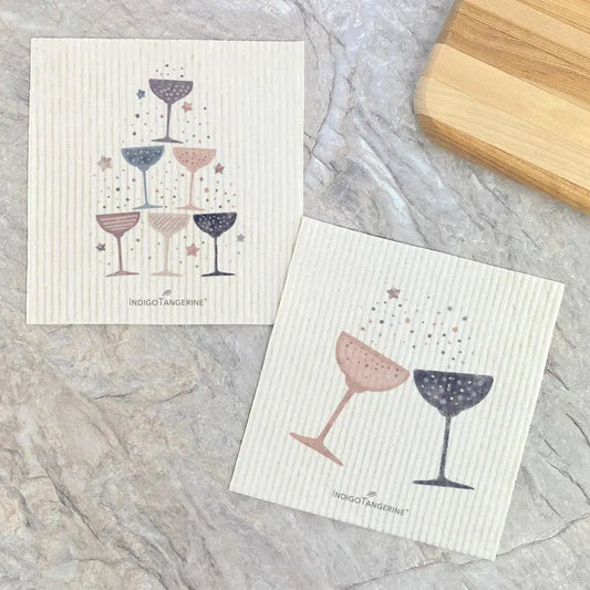 Swedish Dish Cloth Set - Champagne - New Year’s Eve or Wedding - set of 2 - Indigo Tangerine